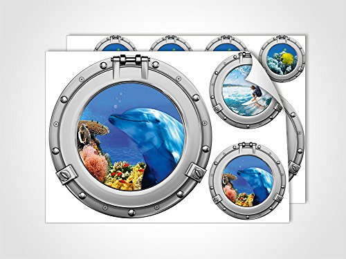 GRAZDesign Wandtattoo Bad Badezimmer WC, Wandsticker Fliesensticker maritim Bullauge Set, Maritime Dekoration Fliesentattoos Unterwasserwelt/DIN A4 (2Stück)