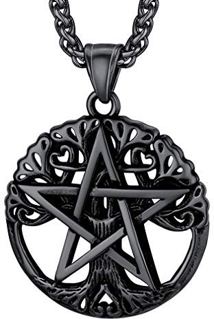 FaithHeart Schwarz Wicca Pentagramm Kette Herren Pentagramm Anhänger mit Lebensabaum für Weihnachten/Valentinstag