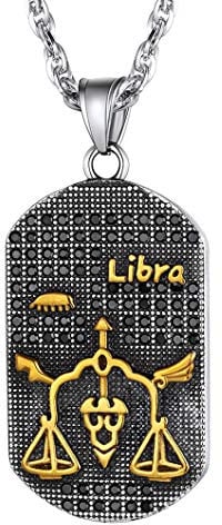 Richsteel Libra Horoscope Necklace Two-tone Embossment Scales Dog Tag Pendant Gold Plated Stainless Steel Zodiac Sign Jewellery Constellation Libra Necklace