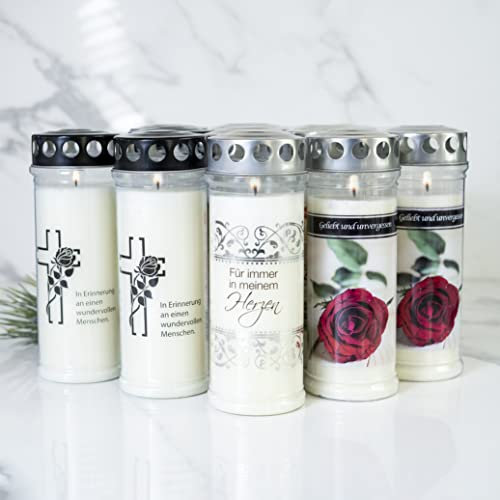 12er Set HOFER GRABKERZEN 7 Tage Brenndauer - Das Original [Ewigkeit Select] Trauerkerzen mit Deckel | Grablicht Friedhofskerze mit Motiv und Spruch | Kerzen für Grabdeko und Grabschmuck