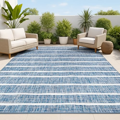 JONATHAN Y Berber Stripe Indoor Outdoor Area Rug 5X8 Blue/Ivory, Colonia for Backyard, Patio, Porch, Easy-Cleaning, High Traffic, Pet-Friendly, Non-Shedding (SMB125C-5)