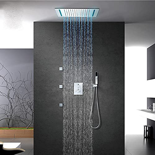 ALYHYB Duschsystem Gebürstetes Chrom mit Wasserfall-Wannenauslauf und 500 * 360 mm Regenduschkopf und Handbrause, Wannen-Duschhahn-Set Enthält Druckausgleichsventil