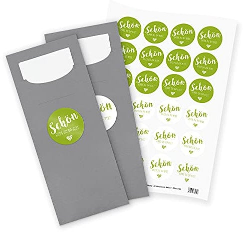 itenga 24x Bestecktaschen GRAU Schön dass du da bist grün Pochetten inkl. Serviette und Sticker Aufkleber Tischdeko Einweggeschirr
