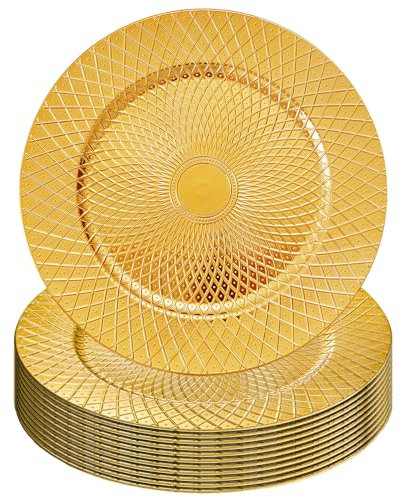 Frcctre 12 Pack Round Charger Plates, 13 Inch Decorative Gold Plastic Charger Dinner Plates, Reusable Elegant Diamond Pattern Serving Plates for Wedding, Dinner Party, Event Table Decoration