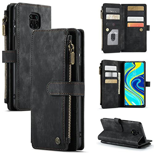 HYKEJI Lederhülle für Xiaomi Redmi Note 9 Pro hülle Leder Schutzhülle Geldbörse, Flip Magnetverschluss Handyhülle, 7 Kartenfächer Reißverschluss Münzfach Kompatibel mit (D)