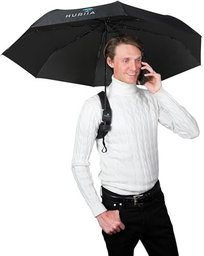 Huriia Compact UV Protection Umbrella with UPF 50+ for Sun, Rain & Wind Double Layer Folding Umbrella with 46-inch Arch & Cover - Charcoal Black