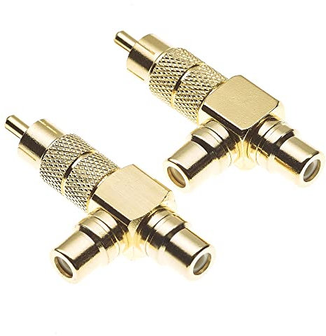 Keple Adaptateur répartiteur RCA, Lot de 2 - Répartiteur Phono 50 ohms 1 à 2 avec boîtier en Laiton plaqué Or, Adaptateur 1 mâle vers 2 Femelles RCA pour Audio et vidéo