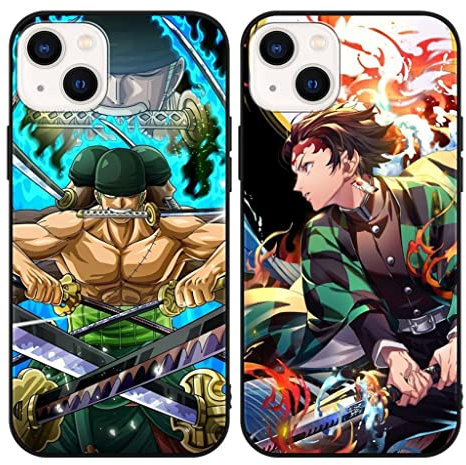 Eouine 2 Stück Handyhülle für iPhone 13 Hülle iPhone 14 Hülle 6.1 Zoll Anime Jungs Kimetsu No Yaiba Hülle und Manga Zoro Hülle Matte Stoßfest TPU Silikon Schutzhülle für iPhone 13/14