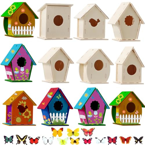 Sawysine 107 Pcs DIY Birdhouse Kits for Kids Ages 5-8 8-12, 48 Wooden Bird House Kits in 6 Shapes and 57 Butterfly Sticker for Children Spring Craft Activity Art DIY Project(Cute Style)