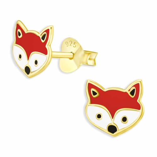 Monkimau Fuchs Kopf Ohrstecker Ohrringe aus 925 Silber Schmuck Silberohrringe Medizinisch für Kinder Mädchen Damen Frauen Gold plattiert