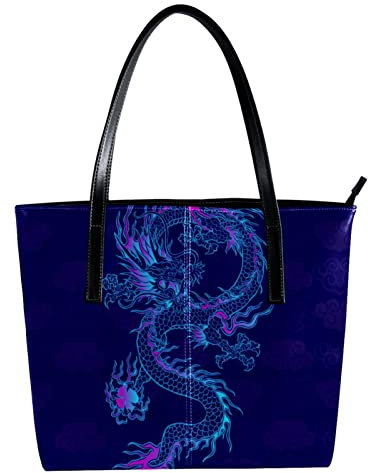 Handtasche, Retro-Design, blauer chinesischer Drachen, Wolken, aus PU-Leder, Schultertasche, Tragetasche, Mehrfarbig