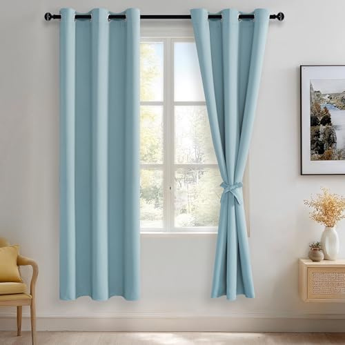 JIUZHEN Hellblaue Verdunkelungsvorhänge mit Raffhaltern, wärmeisoliert, lichtblockierend und geräuschreduzierend, Ösenvorhänge für und Wohnzimmer, 2 Stück, Fenstervorhänge, 106,7 x 183,9 cm Länge