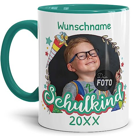 Tassendruck Personalisierbare Tasse zur Einschulung - Schulkind mit Foto, Name und Jahr personalisiert - personalisierte Geschenke zur Einschulung Jungen | 300ml, Innen & Henkel Türkis