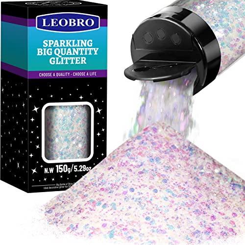 LEOBRO Holographic Chunky Glitter White Craft Glitter for Resin, Festival, Cosmetic - 150G/5.29OZ - 0.2mm/1mm/2.5mm