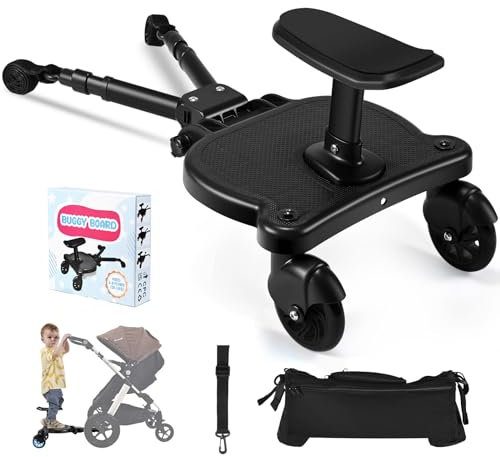 BugyKido Planche Poussette Universelle, Skate Poussette Universelle avec Siège, Marche Pied Poussette avec Sac de Rangement, Sangle de Suspension, pour bébé pour Enfants de 2 à 6 Ans (25KG) (Noir)