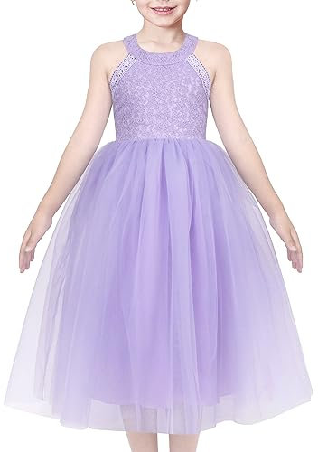 Vestito Bambina Viola Cavezza Collo Festa Pizzo Tulle Elegante Senza Maniche 7 Anni