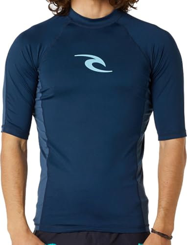 RIP CURL Mens Waves UPF Performance Short Sleeve Rash Vest Top - Dark Navy - UV Sun Protection and SPF Properties