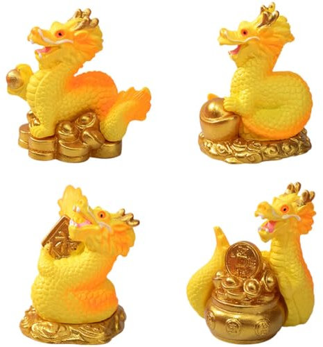 BESPORTBLE 2024 Chinesisches Tierkreiszeichen Drache Jahr 4 Stück Mini-Größe Goldenes Harz Sammlerfiguren Tischdekoration Statue Autodekoration