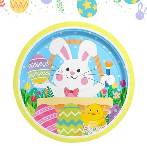 Falafoty Ostern Party Pappteller 24Pcs Happy Easter Bunny Pappteller Party Geschirr Dekoration 9 Zoll Pappteller Sets Packs Eier Kaninchen Teller für Ostern Kinder Erwachsene Party Dekorationen (A)
