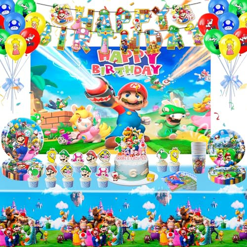 Birthday Party Decorations, 86PCS Party Tableware Set Party Supplies Balloons Super Brother Birthday Decorations Cake Toppers Napkins Birthday Banner Plates Party Tableware