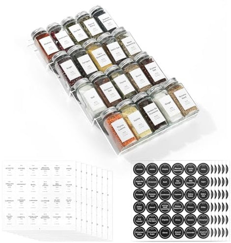 Viymgit Spice Drawer Organiser with 20 Jars, 348 Labels, 4oz Glass Spice Containers with Shaker Lids 4 Tier Clear Acrylic Seasoning Rack Tray Insert for Kitchen Drawers