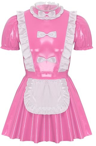 FEESHOW Herren Dienstmädchen Kostüm Kleid Wetlook Lackleder Unterwäsche Männer Maid Cosplay Junggesellenabschied Kostüm Rosa_A 4XL