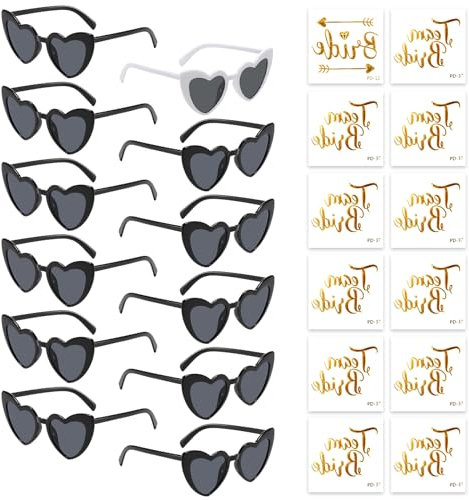 Partybrille Herz Sonnenbrille,12 Bride to Be Herz Sonnenbrille und 12 Team Bride Tattoo Aufkleber,Party Sonnenbrille Team Bride,Hippie Herzförmige Brille,JGA Partybrillen und JGA Deko Accessoires