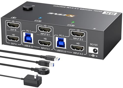 8K HDMI KVM Switch 2 Monitors 2 Computers 8K@60Hz 4K@144Hz, MLEEDA USB 3.0 Dual Monitor KVM Switch for 2 Computer Share 2 Monitor and 4 USB3.0 HUB,Wired Remote,12V Power Adapter and USB Cable Included