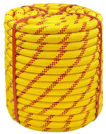 Cuerda de escalada de 3/4 pulgadas x 150 pies, cuerda de toro amarilla trenzada de poliéster, cuerda de arborista de 48 hebras para adultos para tirar de árboles, cuerda de aparejo náutico para árbol
