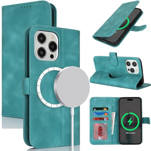 Zouzt Case for iPhone 15 Pro Max (6.7), [Compatible with MagSafe] Magnetic PU Leather Wallet Case with Card Holders and Kickstand, Wireless Charging Flip Folio Phone Cover - Vintage Green