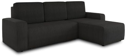 Ecksofa Roma L mit Schlaffunktion und Bettkasten - Cord Stoff - L-Form Couch, Polstersofa, Schlafsofa, Sofagarnitur - Ottomane Universal (Schwarz (Poso 135))