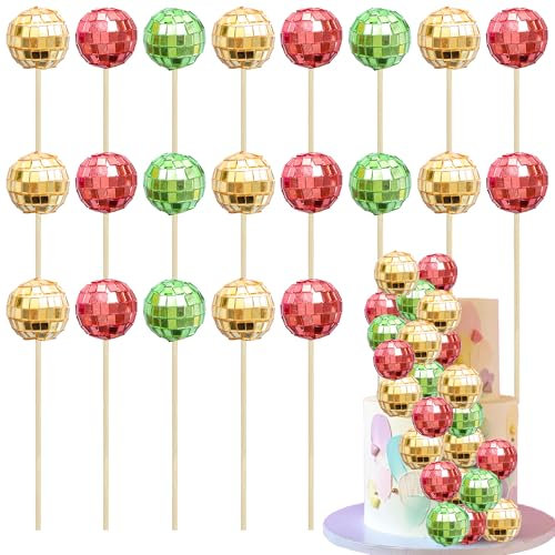 Ephlyn 24Pcs Christmas Disco Ball Cupcake Toppers Disco Ball Cupcake Picks Mini Disco Ball Cake Toppers Disco Theme Cake Decorations for Disco Theme Party 70s Disco Party Decorations