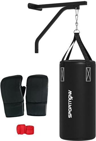 SPORTNOW Boxsack Wandhalterung Boxsack Ständer mit Handschuhen, Handschlaufen und 360°-Drehhaken, Einstellbare Boxsack Halterung für Punch Bag, Sandsack, Stahl, Schwarz