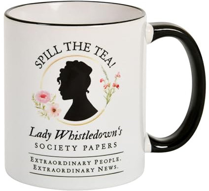 Elbenwald Tasse avec Spill the Tea! Society Papers Impression sur tout le pourtour - Capacité 320 ml Capacité 9 cm Hauteur - Tasse à café pour les fans - Céramique - Blanc