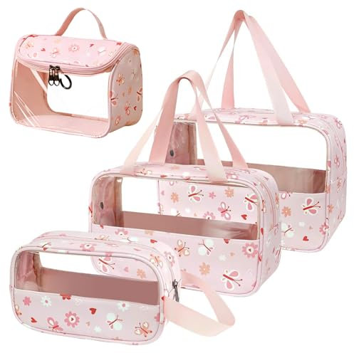 HWSWSH 4 PCS Trousse de Toilette Transparente en PVC Étanche - Trousse de Maquillage Femme pour Voyage et Affaires, 4 Tailles, Imperméable, Rangement (Rose)