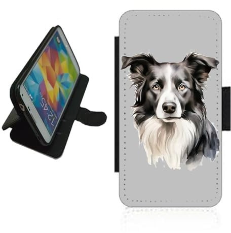 Border Collie dog phone case wallet For Apple iPhone/For Samsung Galaxy For Google Pixel Silicone rubber holder flip case, PU leather back panel, card slots. protective Phone cover Black