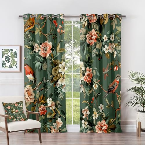 Vorhänge Blumen - Blumen Vintage Vögel Botanik Fenster Gardinen mit Ösen, Vorhang Blickdicht Verdunklungsvorhänge Thermovorhang für Wohnzimmer Schlafzimmer Deko 2er Set, H 220 x B 140 cm M#-250