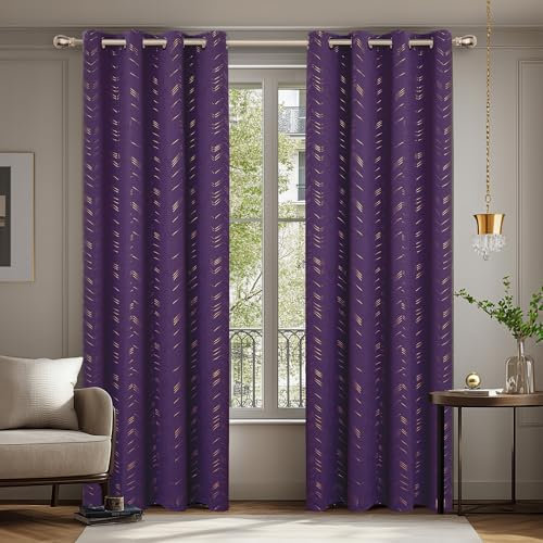 Deconovo Verdunkelungsvorhänge mit Ösen Blickdichte Wohnzimmer GardinenDicke Thermovorhang Kälteschutz Thermogardine mit Linienmuster, 175x140 cm(HöhexBreite), Dunkelviolett, 2er Set