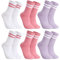 taonganui 6 Paar Tennissocken für Damen Sportsocken Damen 39-42 Laufsocken Tennis Sport Socken mit Streifen Baumwolle Socken Crew Socks Arbeitssocken, Rosa, Lila, Weiß