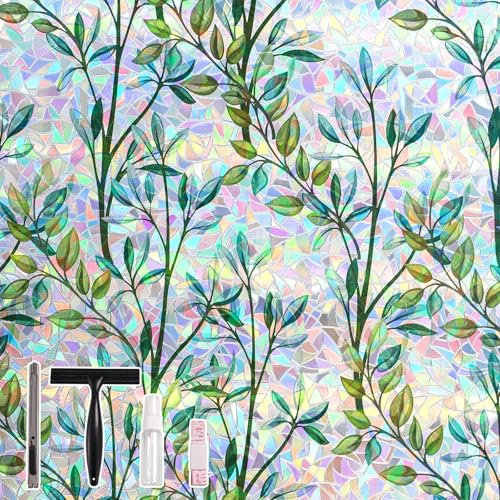 Conkov Fensterfolie Sichtschutzfolie mit Regenbogeneffekt, Elektrostatische Adsorption, Keine Klebeverbindung, Dekorfolie für Wohnzimmer Küche Büro, Grünes Blatt, 44,5 x 400 cm mit Werkzeug