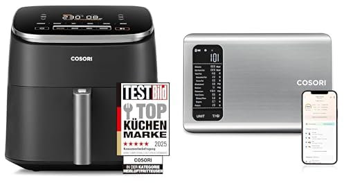 Cosori Turboblaze Heißluftfritteuse Airfryer, 9-in-1 Air Fryer XXL 6L+ Cosori Küchenwaage digital mit Nährwertberechnung, Ernährungswaage App verfolgt 19 Nährstoffe, Kaloriendatenanalyse