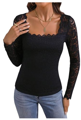GORGLITTER Women's Floral Lace Sheer Square Neck T Shirts Long Sleeve Scalloped Slim Fit Elegant Tops Black Small