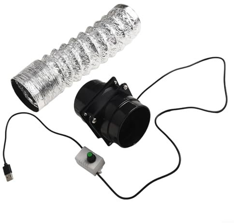 UTTASU Inline Booster Duct Fan, USB Powered Duct Exhaust Air Ventilation Fan, Fume Extractor for Home Kitchen Shed Small Compact Energy-Saving Black with Optional(With 100cm pipe)