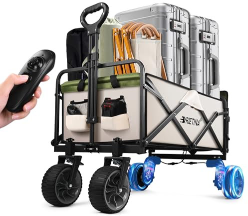 Elektrische Bollerwagen faltbar, mit Fernbedienung & 14,4V Steckdosenbatterie kompatibel mit Makita | Lenkfunktion | 240L 90KG Traglast | 16x7 cm Extra Breite Reifen | 3 Gänge einstellbar(Beige)
