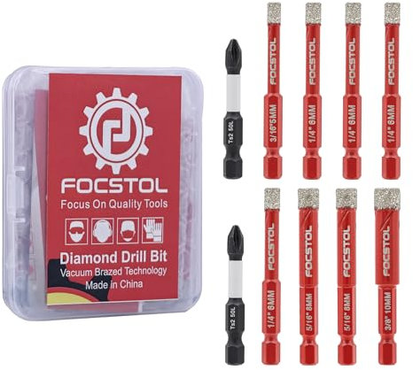 FOCSTOL Foret Diamant Carrelage 10 pièces, Scie Cloche Carrelage avec Changement Rapide Tige Hexagonale pour Carrelage Céramique Marbre Granit Quartz, 5/6/8/10mm