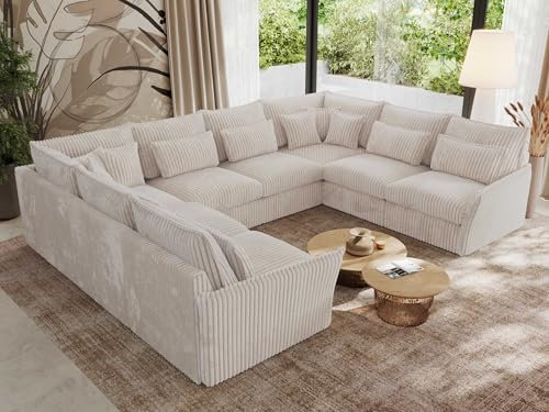 MKS MEBLE Sofa U-Form, Wohnlandschaft, Couch, Ecksofa, Couchgranitur, Polsterecke, Big Sofa XXL, Polstergarnitur - Verso U 8M - Beige Cord