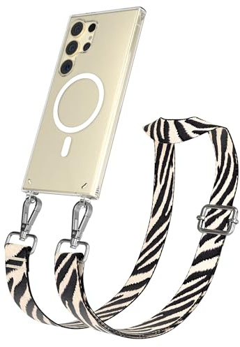 EAZY CASE Handykette - Verstellbares Taschenband kompatibel mit Galaxy S24 Ultra, Schulterriemen, Handykordel Silikon Hülle, Qi Charging kompatibel, Umhängetasche, Zebra - Schwarz Beige Metall Silber
