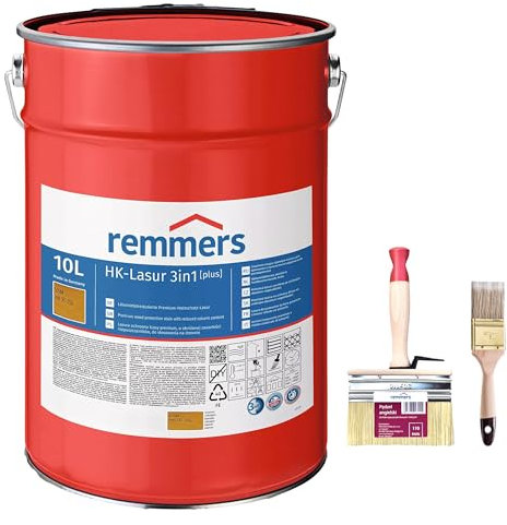 RemmersSet HK-Lasur 3in1 Plus + Pinsel Bandloo Set – Holzlasur für Außenbereich: Imprägnierung, Grundierung & Lasur in einem, Schutz vor Feuchtigkeit & UV-Strahlung, Varnish (Kiefer, 10 L)