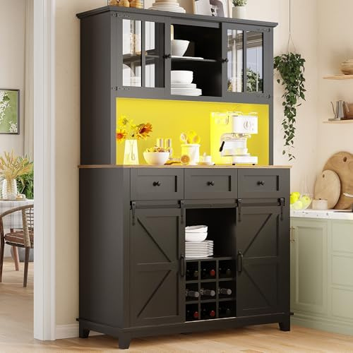 Gxffipw Küchenschrank mit Verstellbaren Ablagen und LED-Beleuchtung, Buffetschrank Hochschrank mit Weinregal und 3 Schubladen, Küchenschränke mit Arbeitsplatte, Küchenmöbel, Schwarz, 105×38.4×180 cm