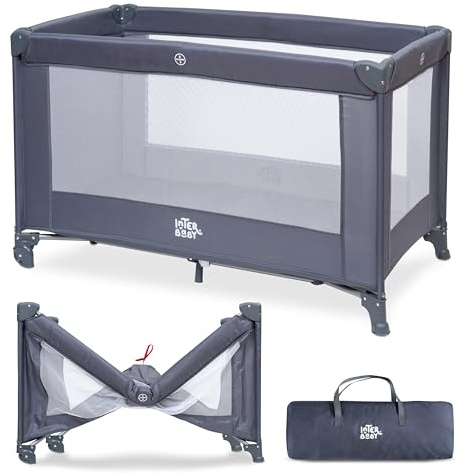 Interbaby Reisebett Baby klappbar mit Rollen & Tasche 120x60 cm (Grau) | Kinderreisebett und Laufstall 2 in 1, Atmungsaktiv | kompatibel mit Matratze | 0-3 Jahre 15 kg